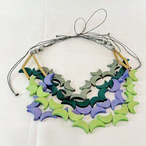 New Moon Beaded Purple Green Grey Wood Necklace Lightweight Adjustable 20" Long